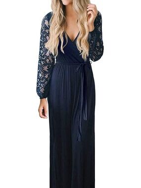XS Navy Lace Sleeve Wrap Maxi Dress